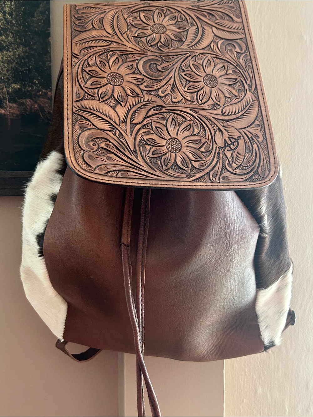 American Darling- Hand-Tooled Floral Leather Backpack - Brown and Cream